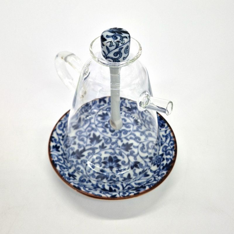 Pot traditionnel japonais pour sauce soja en verre et céramique, SAYA, bleu et blanc