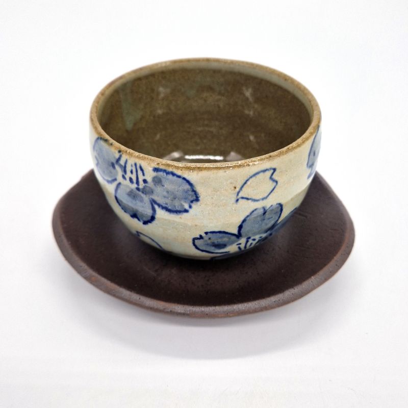 Japanese cup in white clay and blue flowers with saucer