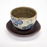 Japanese cup in white clay and blue flowers with saucer