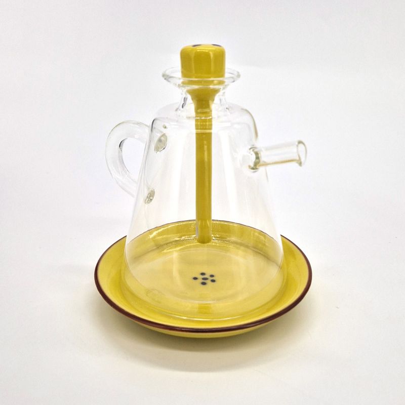 Japanese traditional pot for soy sauce in glass and ceramic, SAYA, yellow and blue