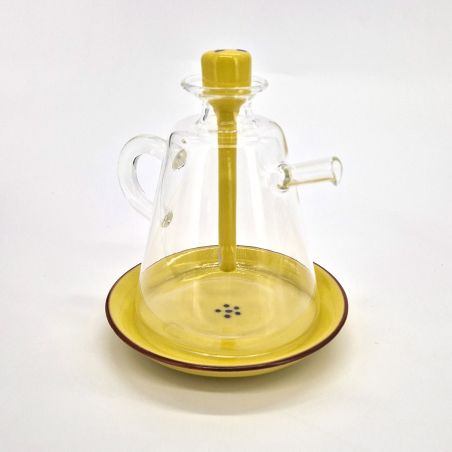 Japanese traditional pot for soy sauce in glass and ceramic, SAYA, yellow and blue