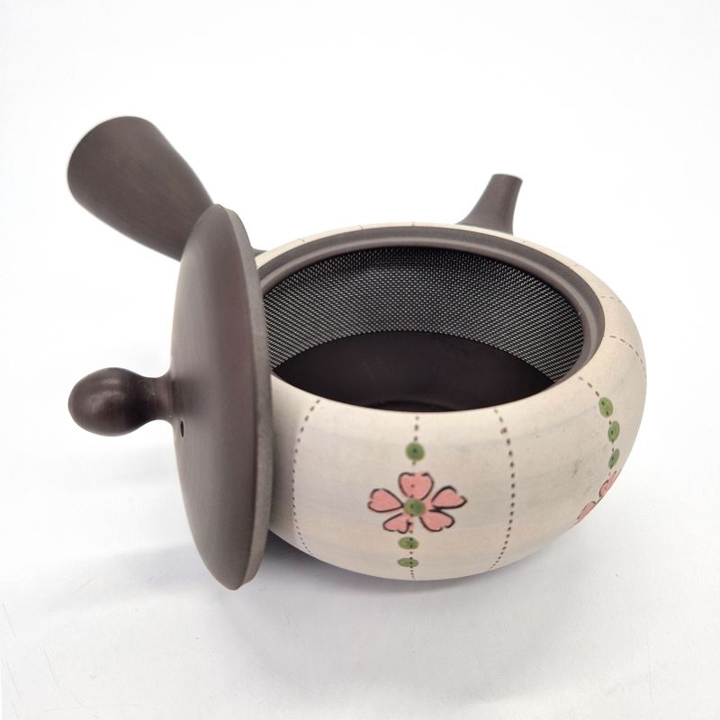 Tokoname Japanische Kyusu-Teekanne aus schwarz-weißem Steingut mit Blumenmuster, 250 cc