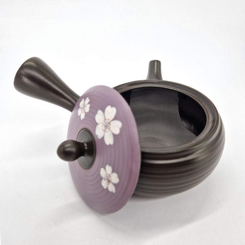 Théière kyusu japonaise tokoname noir et violet motif fleurs,HANA, 230cc