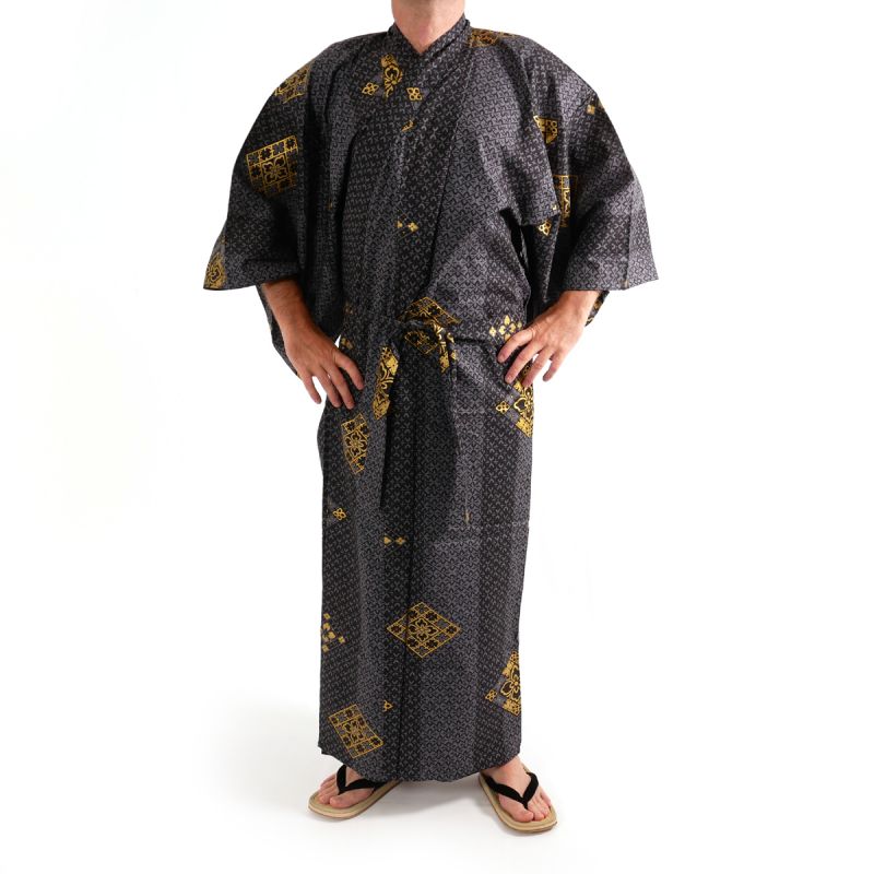 Schwarzer japanischer Yukata aus Baumwolle für Männer -HANABISHI