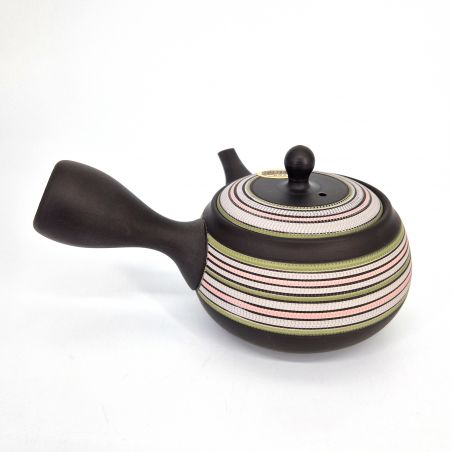 Japanese brown tokoname kyusu teapot with red and green lines, SUTORAIPO, 340 cc