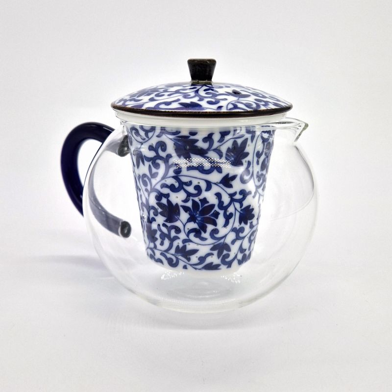 Théière japonaise en céramique et verre blanche et bleue, GARASU, 500cc