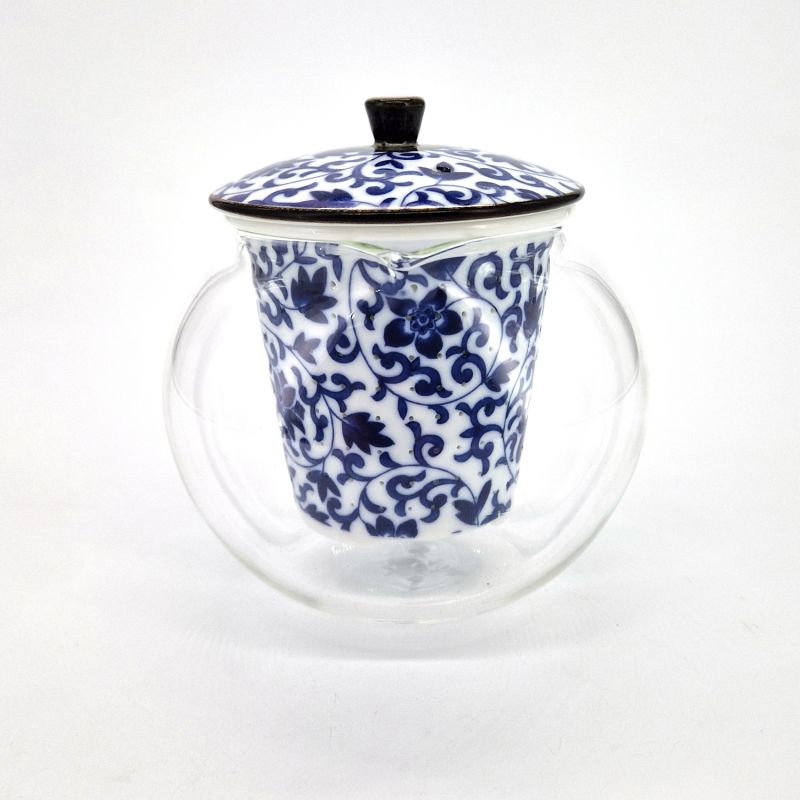 Théière japonaise en céramique et verre blanche et bleue, GARASU, 500cc