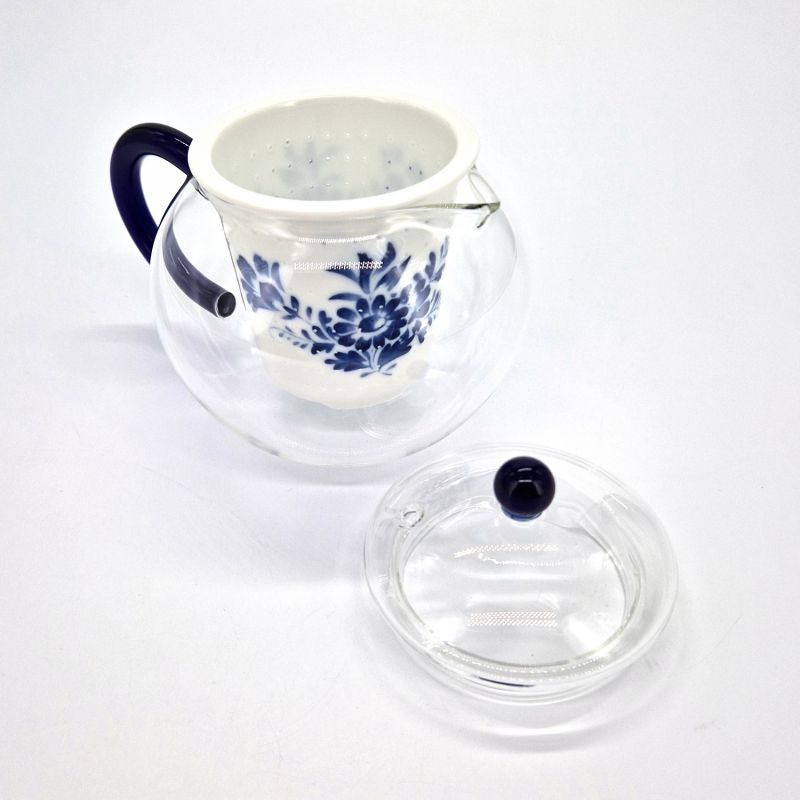 Teiera giapponese in ceramica e vetro con fiori bianchi e blu, HANA, 500cc