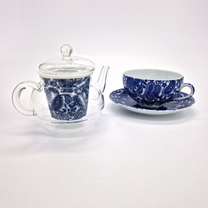 Japanische Teekanne mit weißen und blauen Blumen aus Keramik und Glas mit Tasse und Untertasse, GARASU, 300 cc