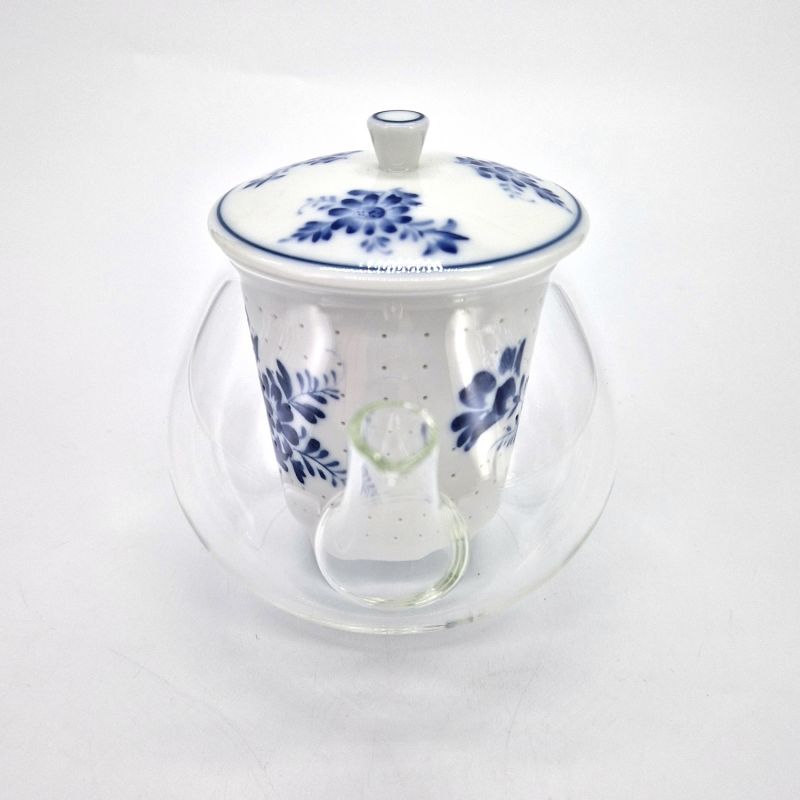 Japanese ceramic and glass teapot with white and blue flowers, GARASU, 480cc