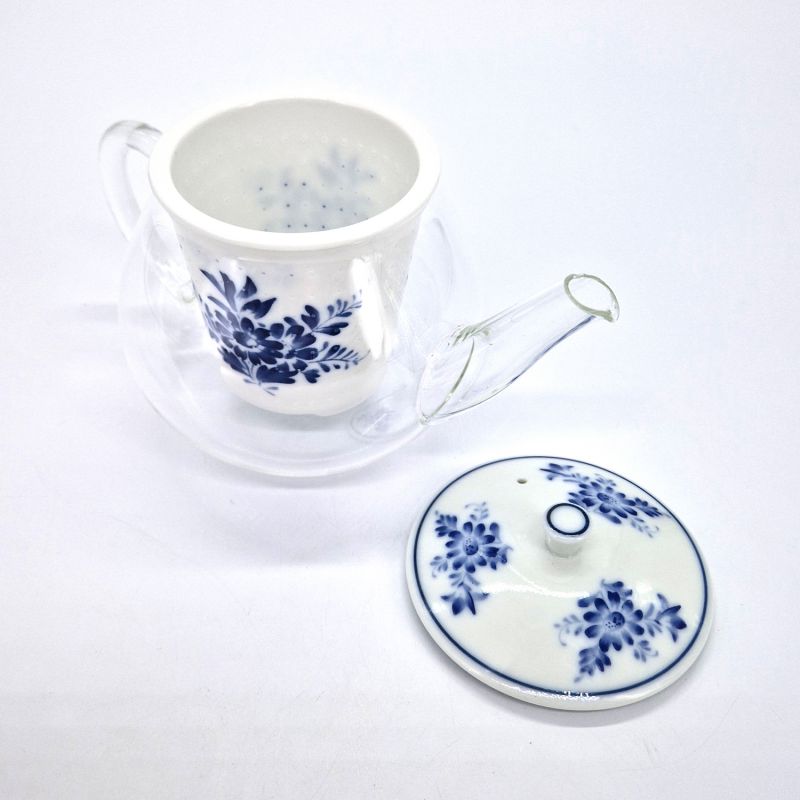 Tetera japonesa de cerámica y cristal con flores blancas y azules, GARASU, 480cc