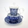 Teiera giapponese in ceramica e vetro fiori bianchi e blu con tazza e piattino, GARASU, 300cc