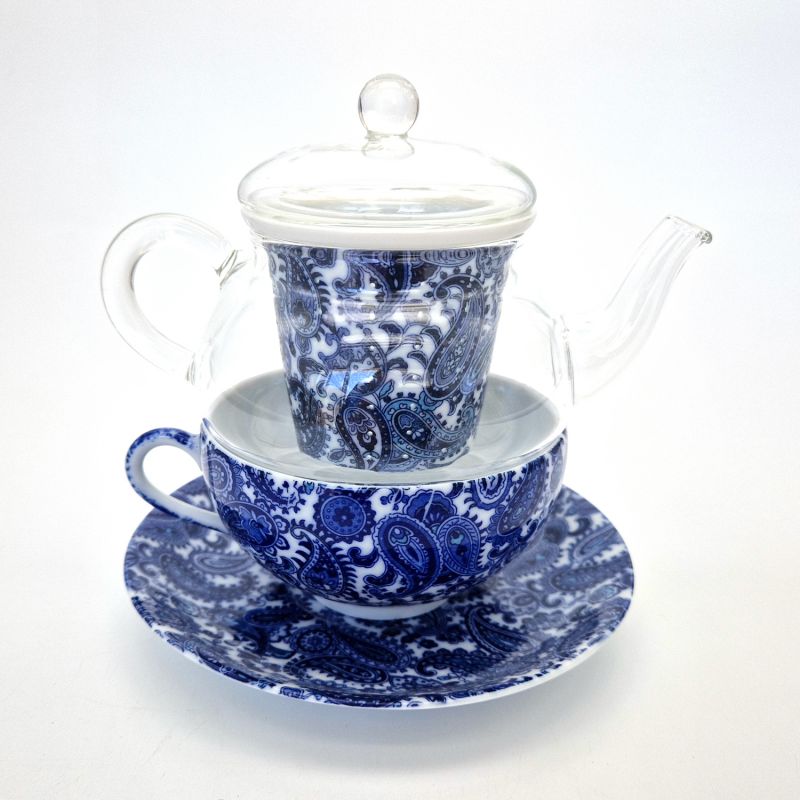 Japanische Teekanne mit weißen und blauen Blumen aus Keramik und Glas mit Tasse und Untertasse, GARASU, 300 cc