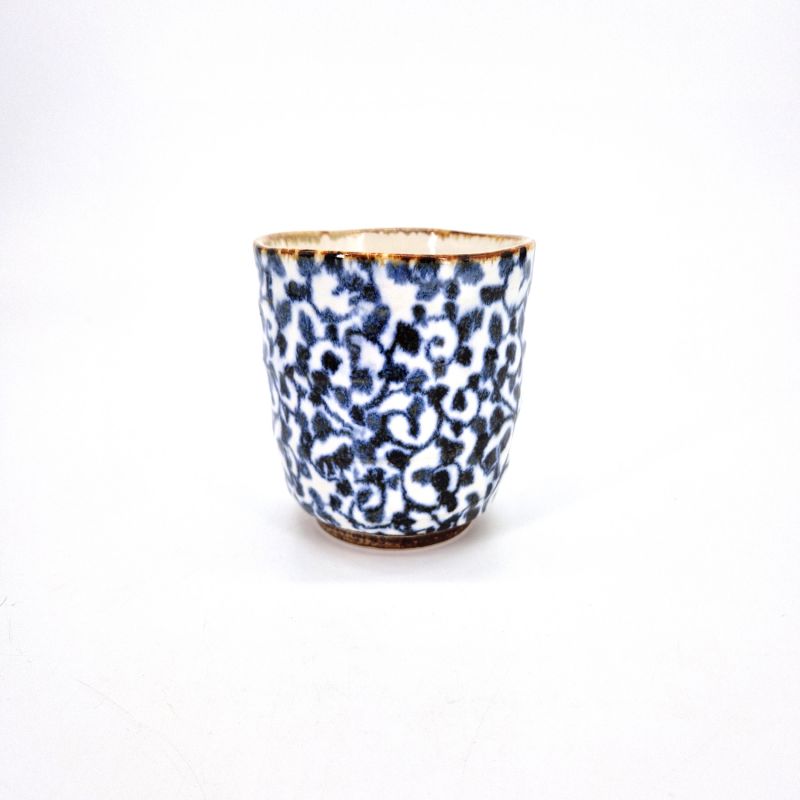 Japanese ceramic tea cup, blue and white, foliage, KOYO