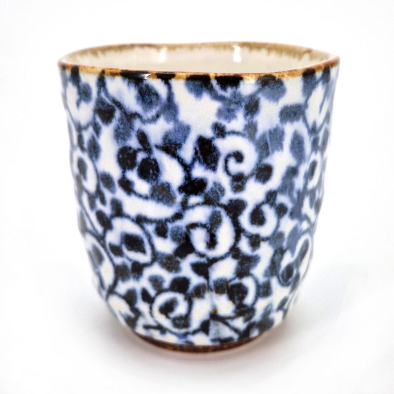 Japanese ceramic tea cup, blue and white, foliage, KOYO