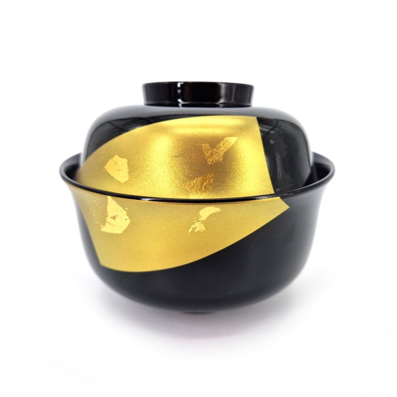 Lacquered soup bowl with lid, golden black landscape, FUKEI