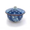 Bol à thé japonais Chawanmushi avec couvercle, fleurs bleues, Ume Komon