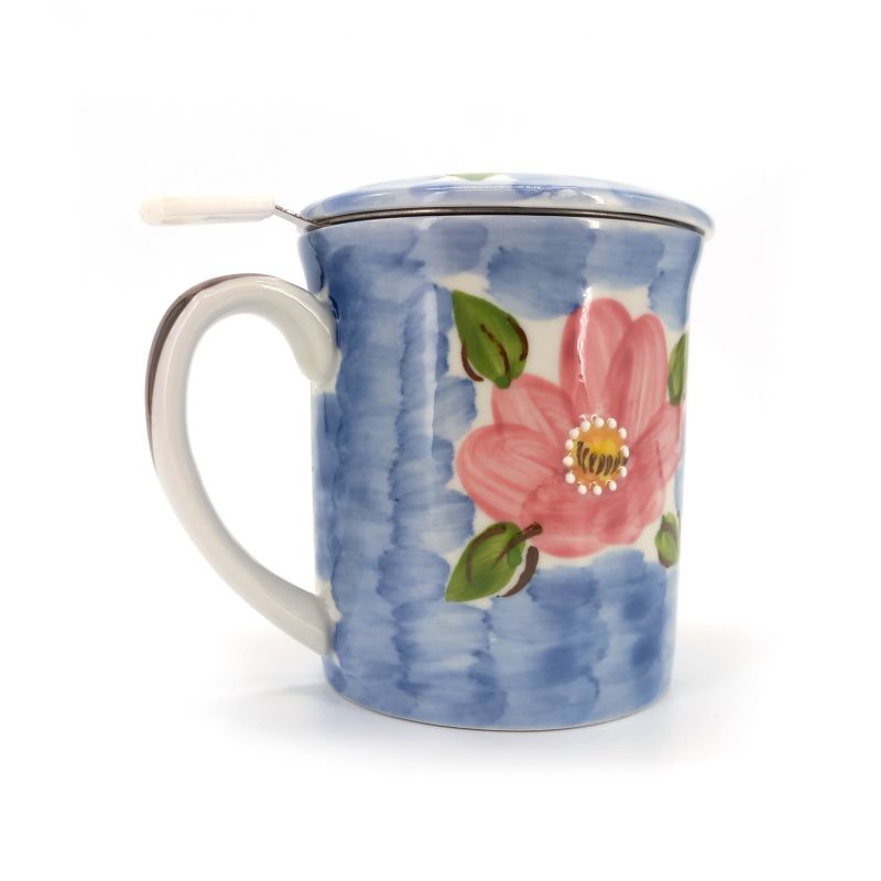 Tasse à thé en céramique japonaise avec couvercle et filtre, motifs fleurs, FURAWAZU