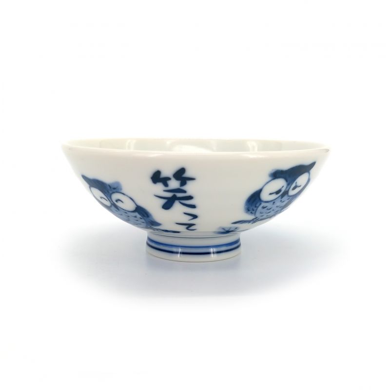 Japanese blue and white ceramic rice bowl, FUKURO, owl