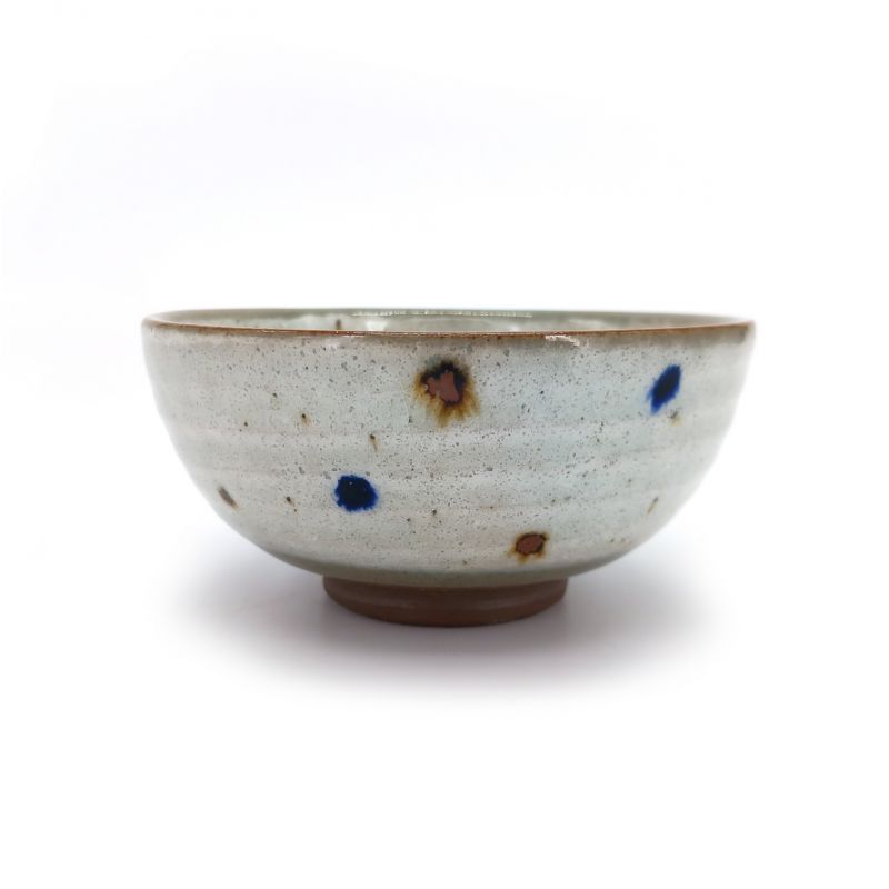 Japanese ceramic rice bowl, brown and blue dots, POINTO