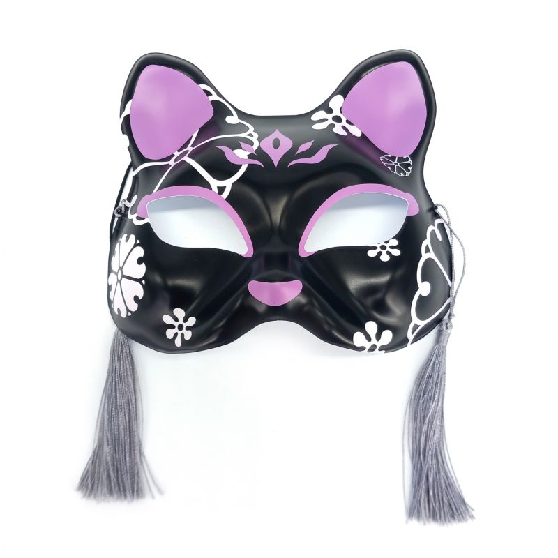Japanese black and purple cat half mask with flower pattern, NEKOHANA