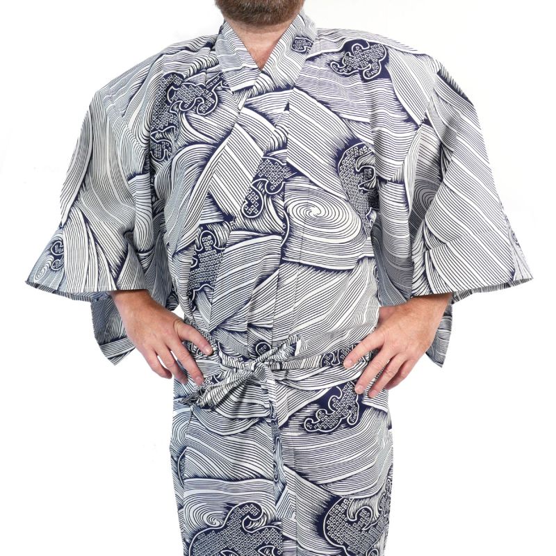 Japanese blue and white cotton yukata for men - NAMI