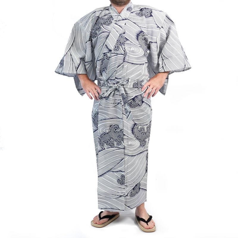 Japanese blue and white cotton yukata for men - NAMI