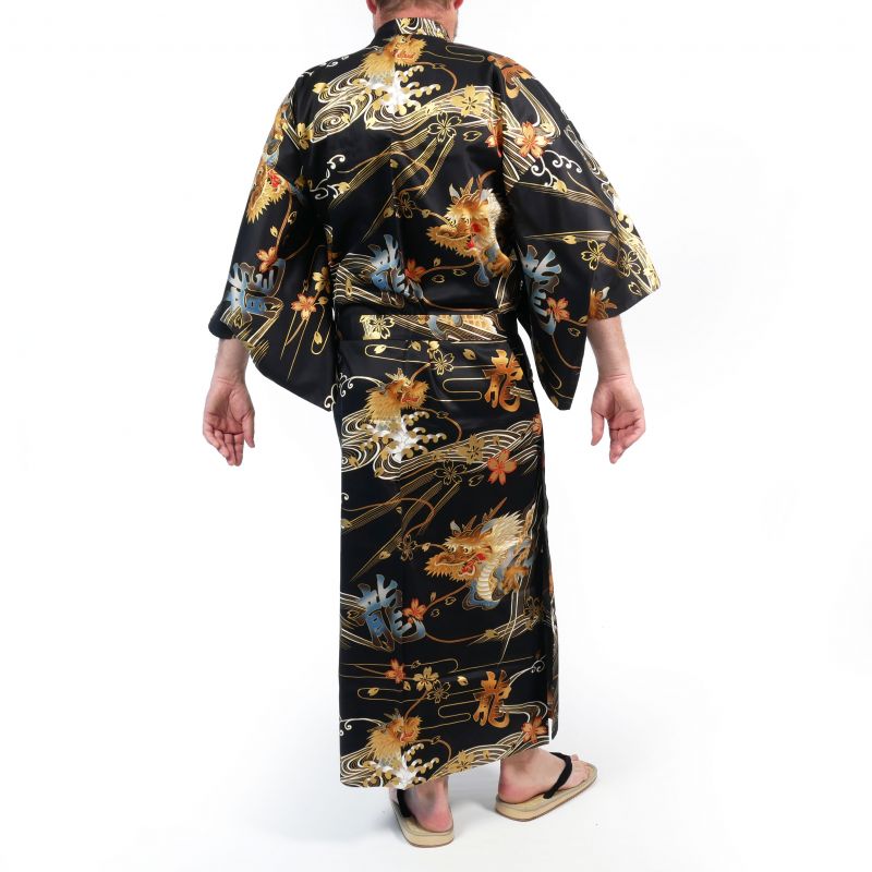 Yukata giapponese nero con drago dorato in cotone da uomo - DORAGON