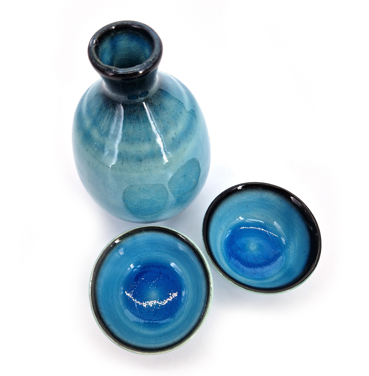 Servizio per sake in ceramica giapponese, 1 bottiglia e 2 tazze, RAGUN, blu  laguna