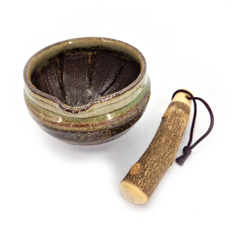 Ciotola suribachi in ceramica giapponese - SURIBACHI - marrone, verde