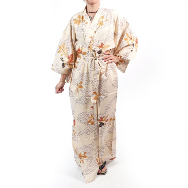Kimono yukata tradicional japonés de algodón beige con estampado de hojas de arce para mujer, YUKATA NAMI MOMIJI