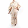 Traditional Japanese beige cotton yukata kimono with maple leaf pattern for women, YUKATA NAMI MOMIJI