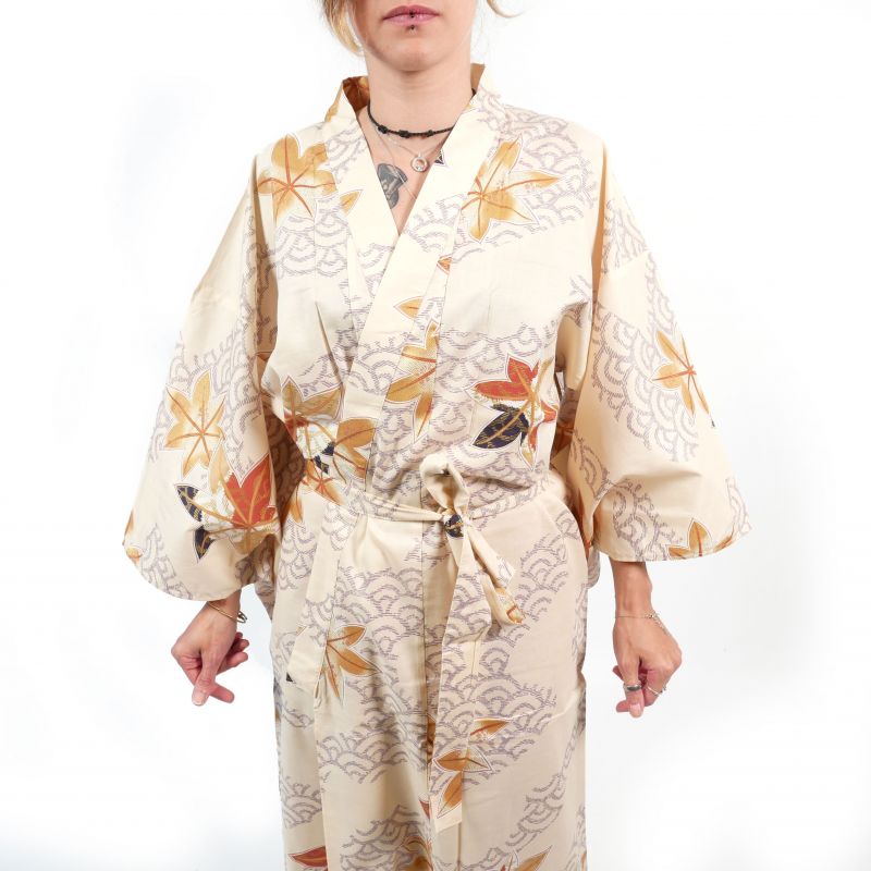 Kimono yukata tradicional japonés de algodón beige con estampado de hojas de arce para mujer, YUKATA NAMI MOMIJI