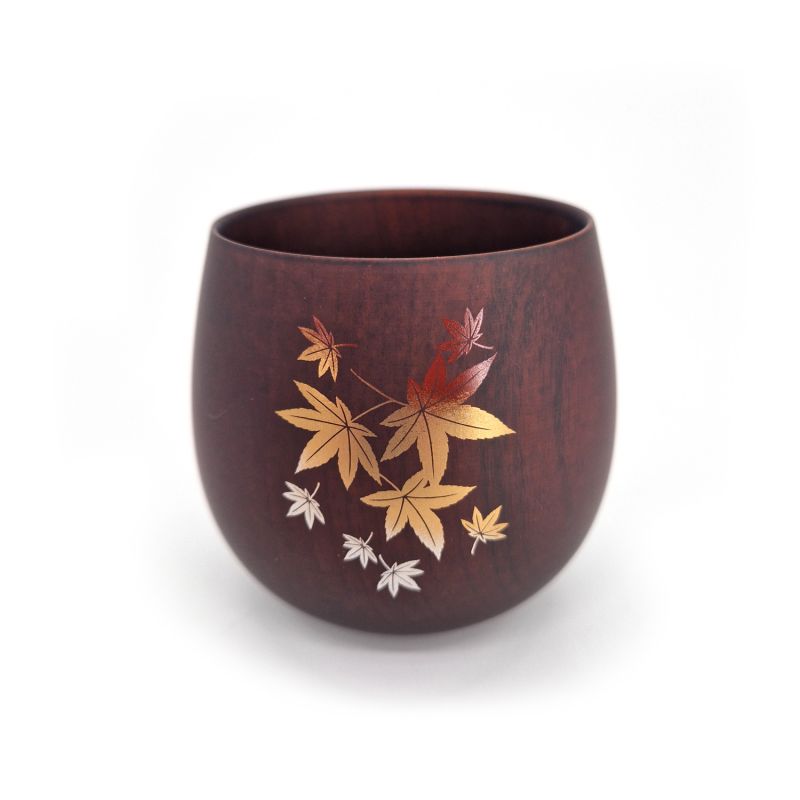 Tasse à thé japonaise en bois natsume foncé motif feuilles d'érable, MOMIJI 1