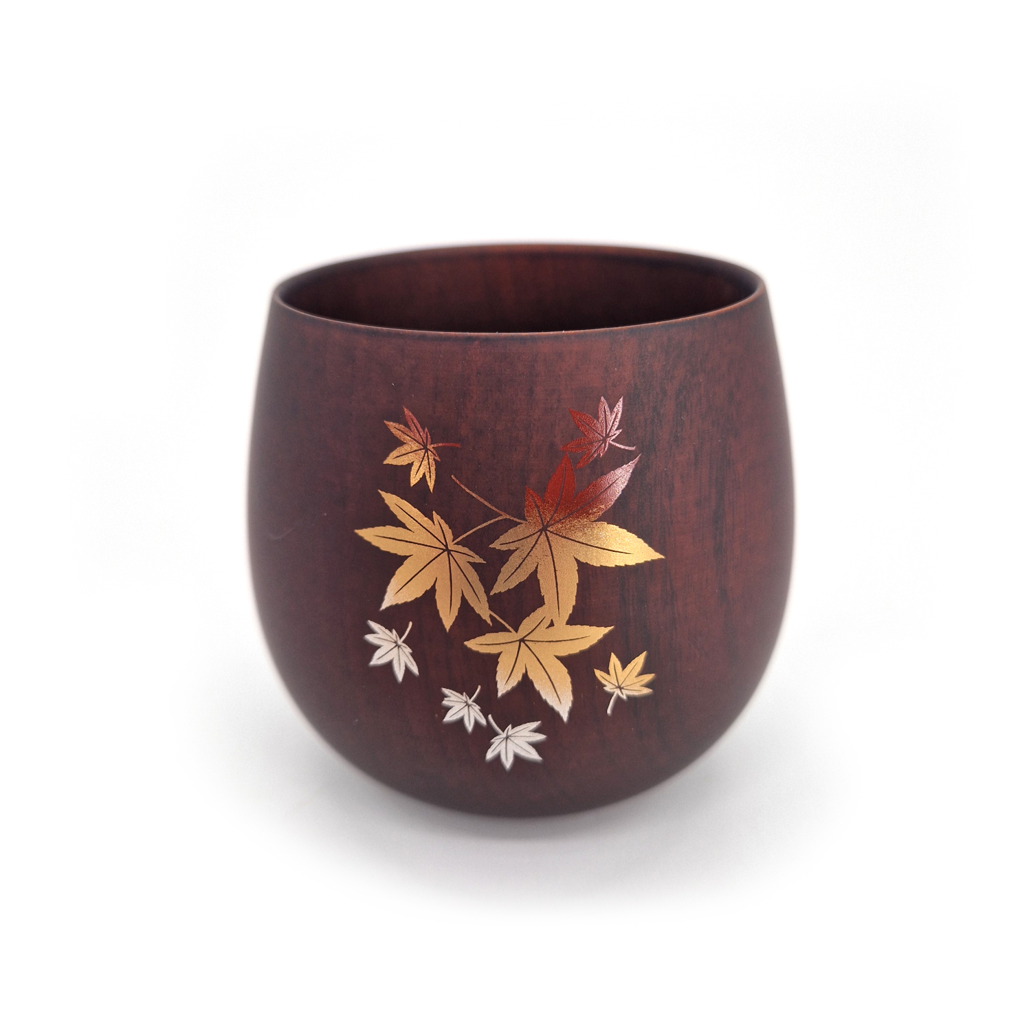 Tazza da tè giapponese in legno natsume scuro con motivo a foglie d'acero,  MOMIJI 1