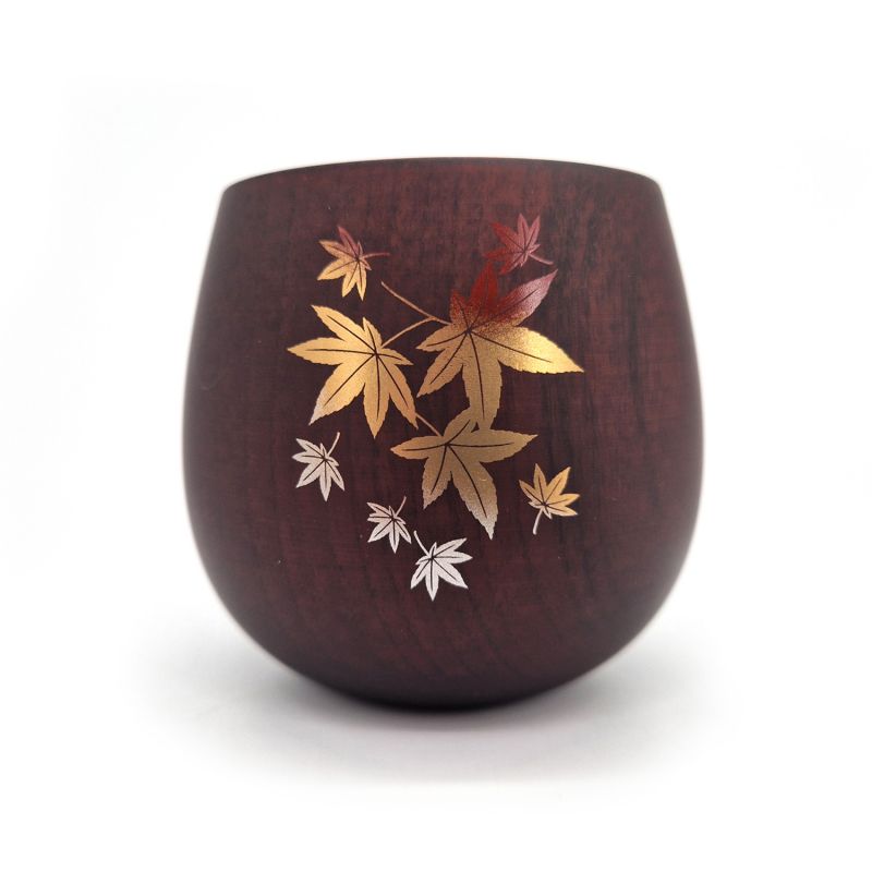 Tazza da tè giapponese in legno natsume scuro con motivo a foglie d'acero, MOMIJI 1