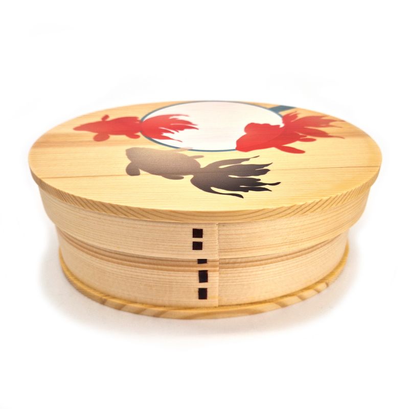 Fiambrera Bento japonesa ovalada de madera con 4 divisores con motivos de peces, KINSK