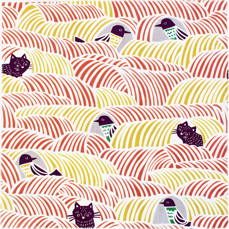 Furoshiki japonais en coton, NEKO TO TORI, rose, 70 x 70 cm