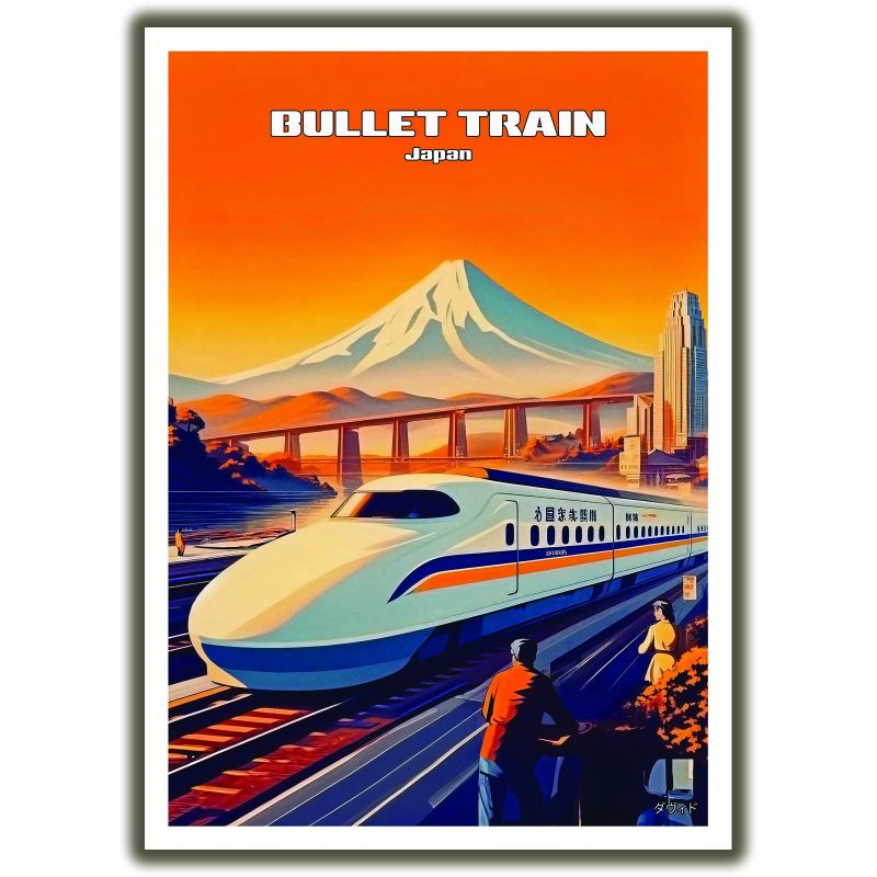 Japanese poster / illustration "Bullet Train" Shinkansen and Mount Fuji, by ダヴィッド
