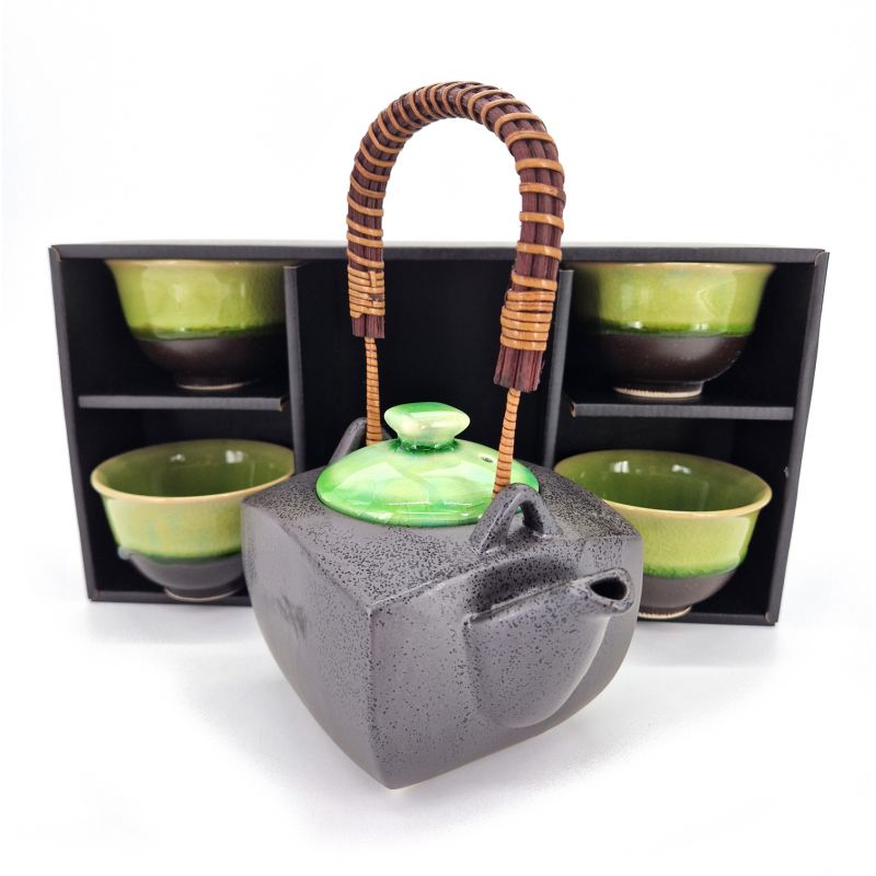 Set théière et 4 tasses noir et vert en céramique - MIDORI