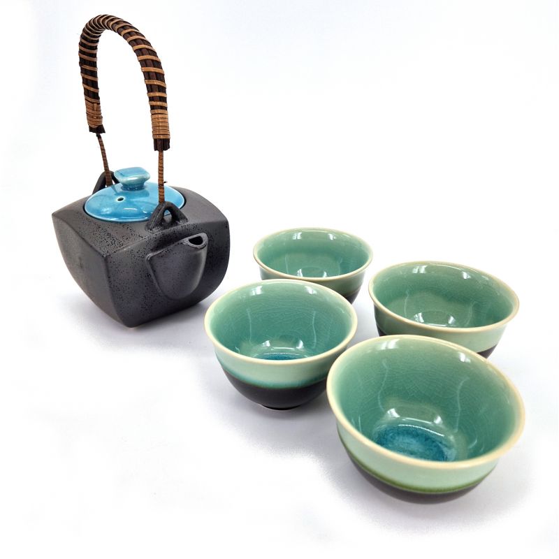 Set théière et 4 tasses noir et bleu en céramique - AOMI