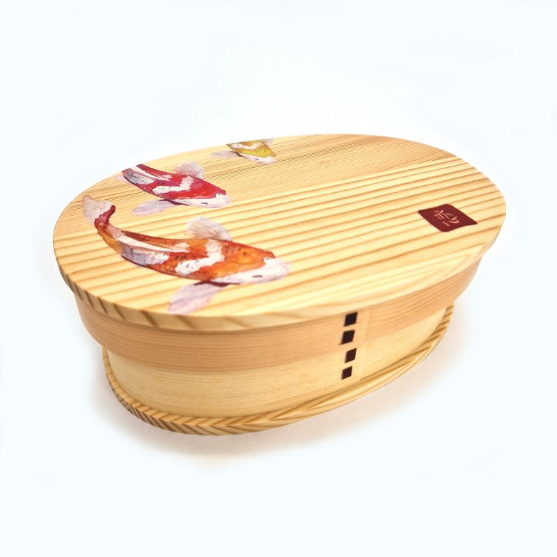 Boîte à repas Bento japonaise ovale en bois motif poissons, NISHIKI 1