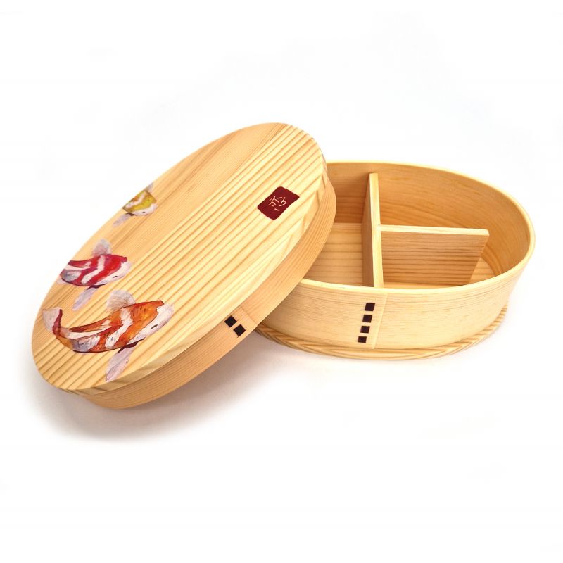 Portapranzo Bento giapponese ovale in legno con motivo a pesce, NISHIKI 1