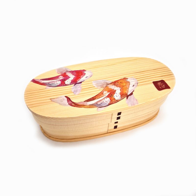 Boîte à repas Bento japonaise ovale en bois motif poissons, NISHIKI 2