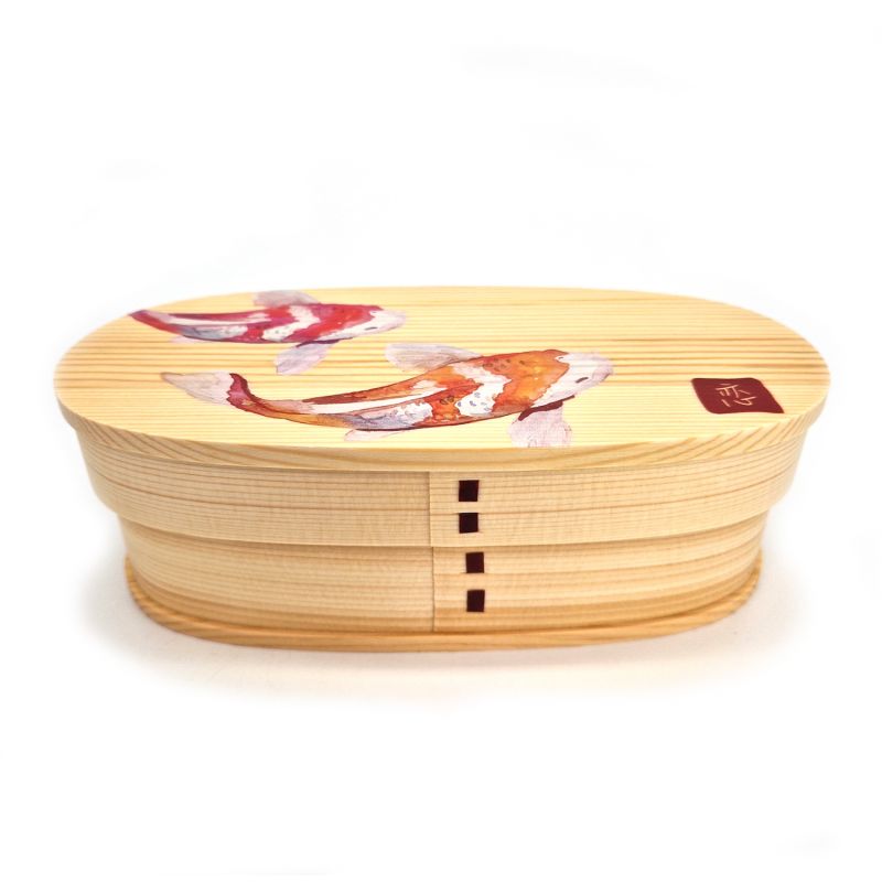 Fiambrera Bento japonesa ovalada de madera con estampado de peces, NISHIKI 2
