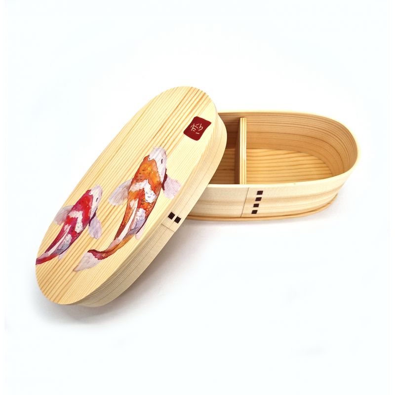 Fiambrera Bento japonesa ovalada de madera con estampado de peces, NISHIKI 2