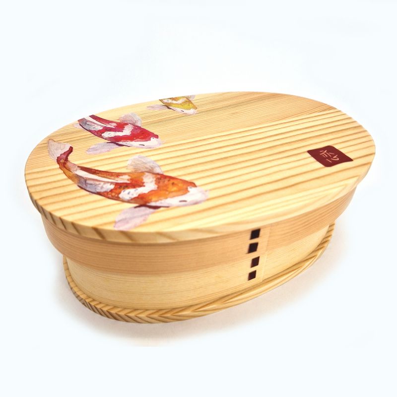 Portapranzo Bento giapponese ovale in legno con 4 divisori con motivo a pesce, NIHIKI