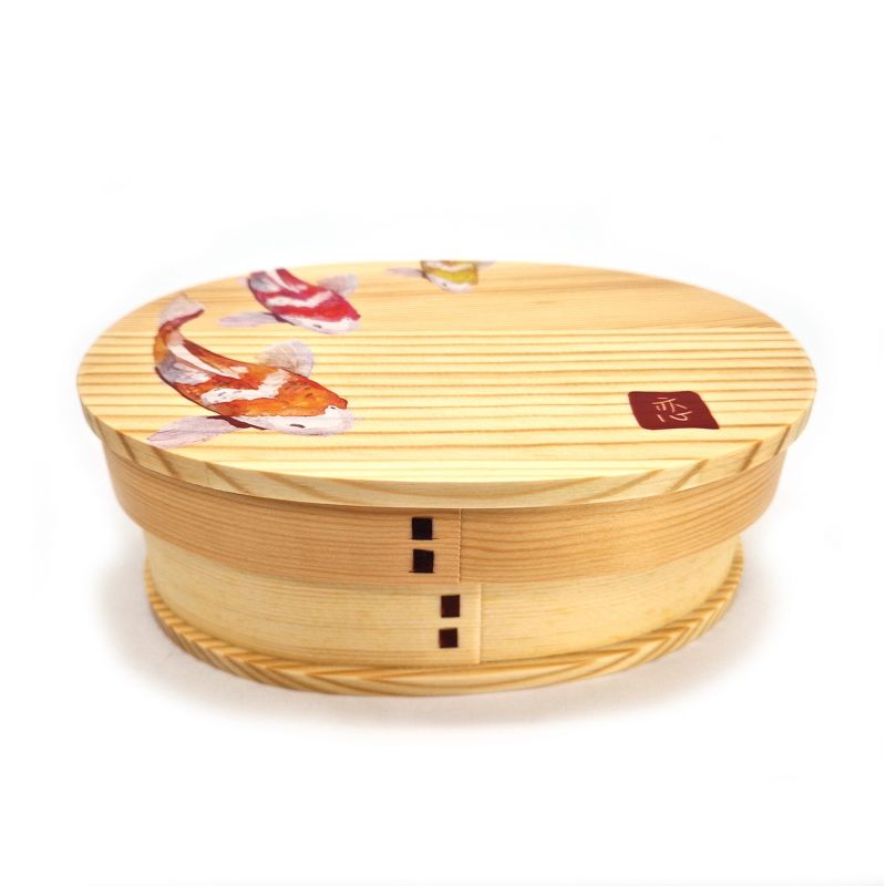 Boîte à repas Bento japonaise ovale en bois avec 4 séparations motif poissons, NISHIKI