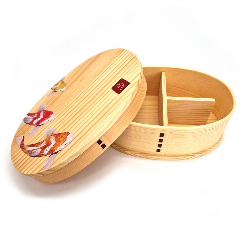 Fiambrera Bento japonesa ovalada de madera con 4 divisores con motivos de peces, NISHIKI