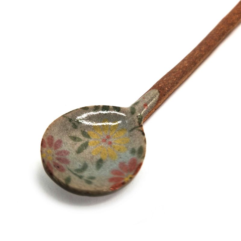Cuillère en céramique japonaise, motifs fleurs,FURAWAZU